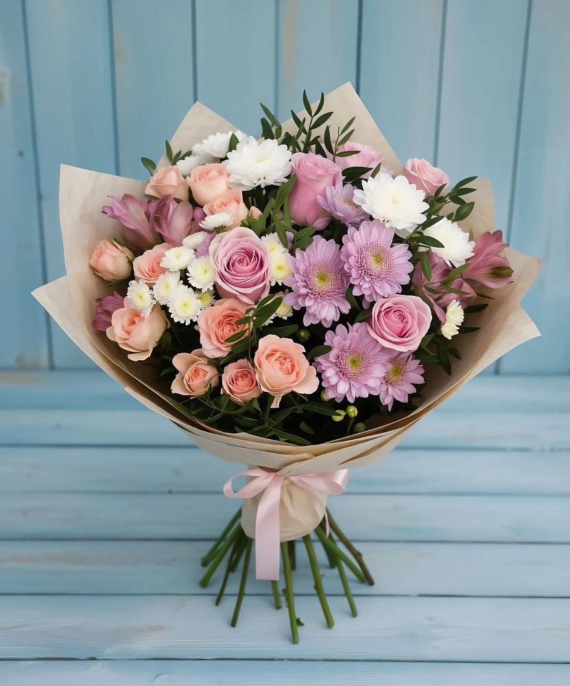 Букет цветов из: Хризантемы, Розы и Альстромерии в Шувое