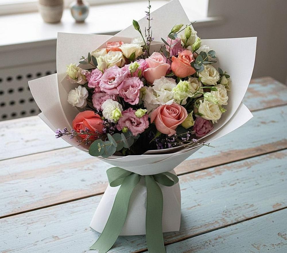 Букет цветов из: Розы, Лизиантусы и Гвоздики в Шувое