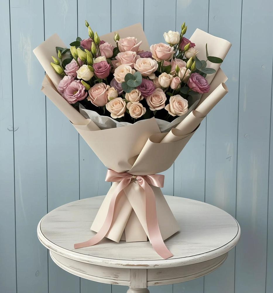 Букет цветов из: Розы и Лизиантусы в Шувое