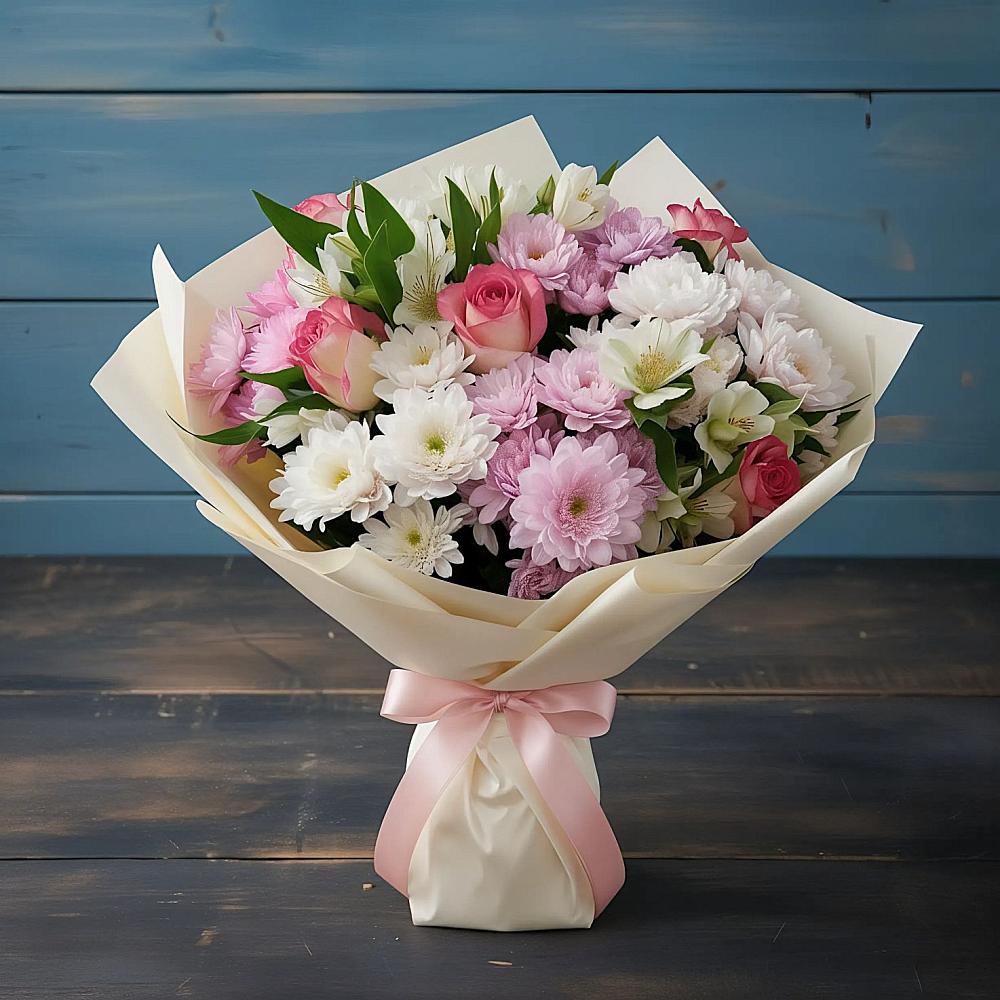 Букет цветов из: Хризантемы, Альстромерии и Розы в Шувое